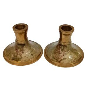 Vintage Pair‎ Solid Brass Candlestick Holders Etched Floral Pattern Indian Made